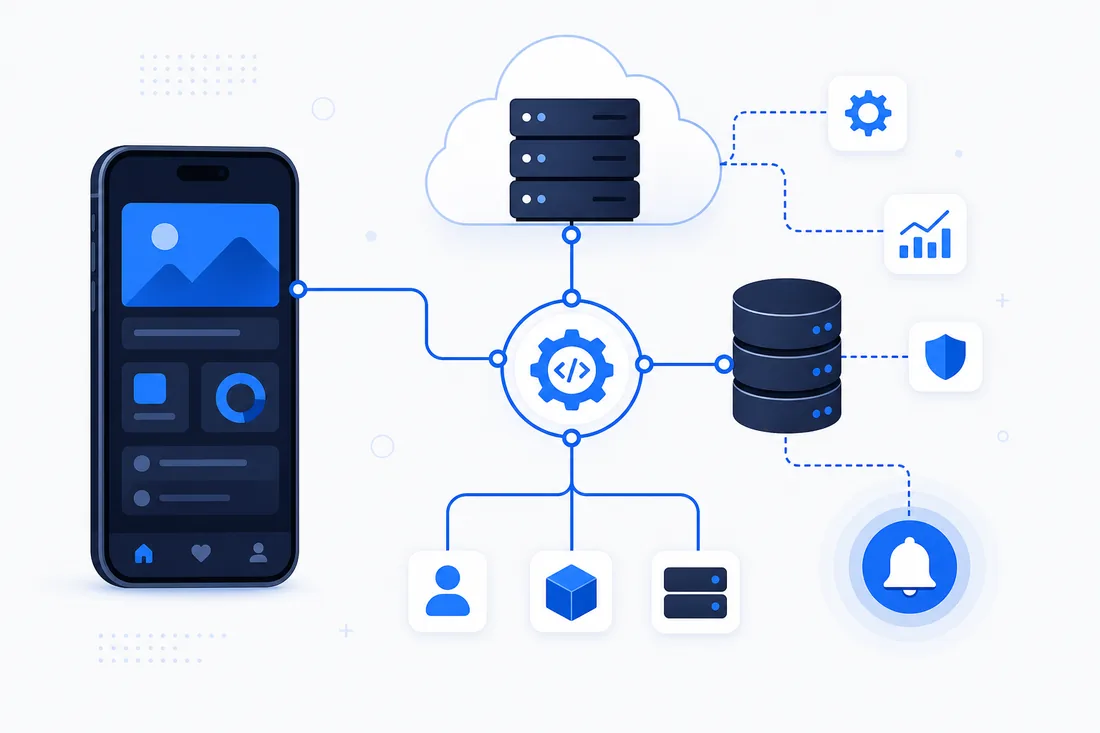App-Backend mit Cloud-Server, Datenbank, APIs und Push-Benachrichtigungen