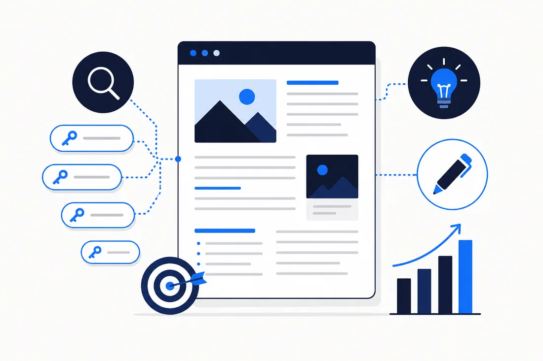 Content-Strategie mit Artikel, Keywords, Ideen-Glühbirne und Wachstumsdiagramm