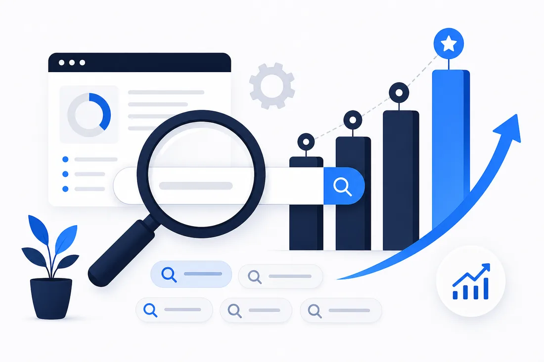 SEO-Ranking-Darstellung mit Lupe, Suchleiste, steigenden Ranking-Balken und Wachstumspfeil