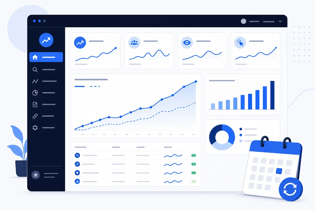 SEO-Reporting-Dashboard mit Traffic-Kurven, KPIs und monatlichem Kalender