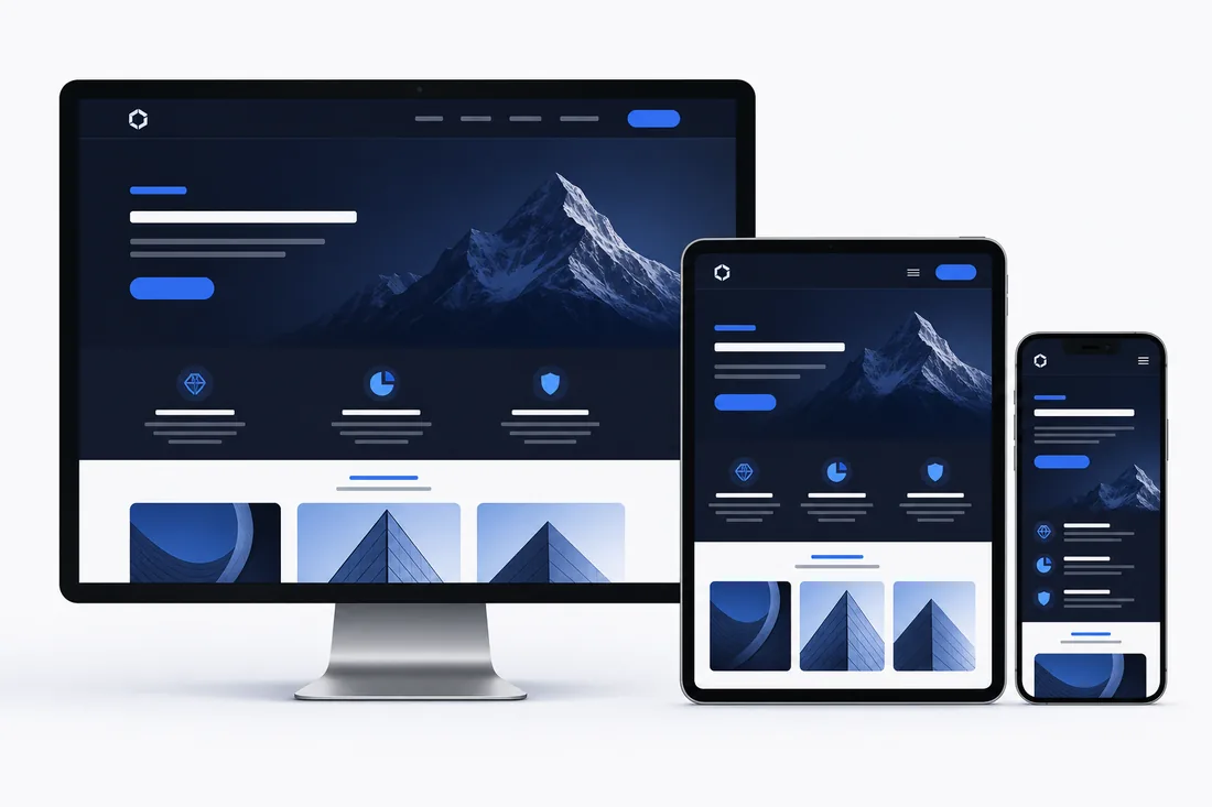 Responsive Website dargestellt auf Desktop-Monitor, Tablet und Smartphone