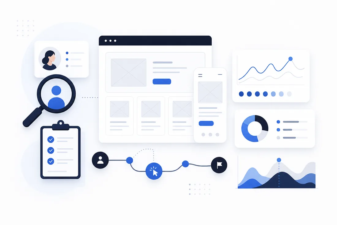 Illustration einer UX-Strategie mit Wireframes, User-Journey und Analyse-Diagrammen