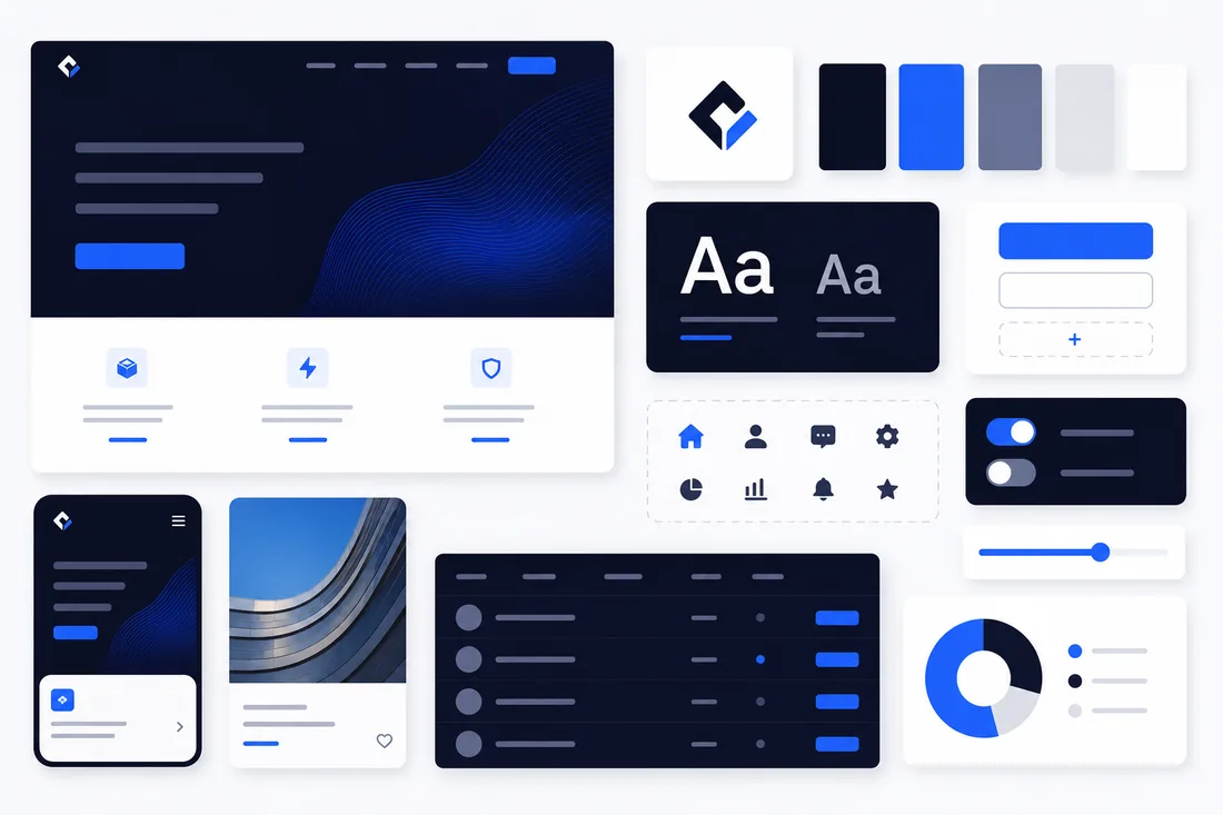 UI-Design-System mit Interface-Mockups, Farbpalette, Typografie und Komponenten