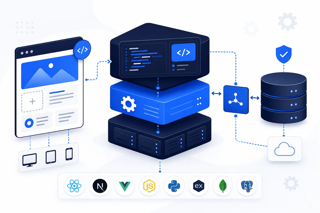 Architektur-Diagramm einer Webanwendung mit Frontend, Backend, API und Datenbank