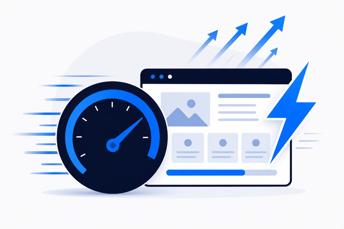 Performance-Anzeige mit Geschwindigkeitsmesser und schnell ladender Website