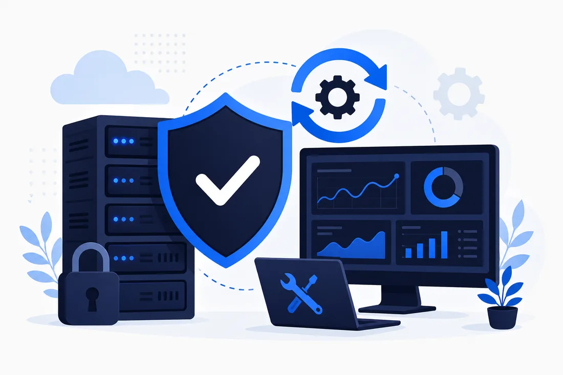 Sicherheits- und Wartungsdarstellung mit Schild, Server, Update-Zyklus und Monitoring-Dashboard