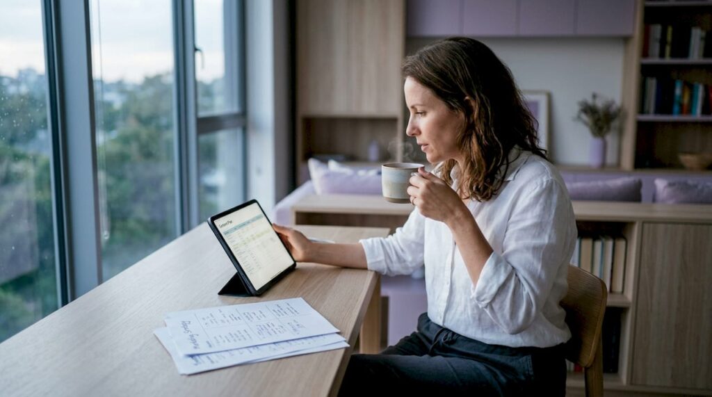 Eine Unternehmerin aus dem Mittelstand stellt ihren Content-Marketing-Plan auf die Beine.