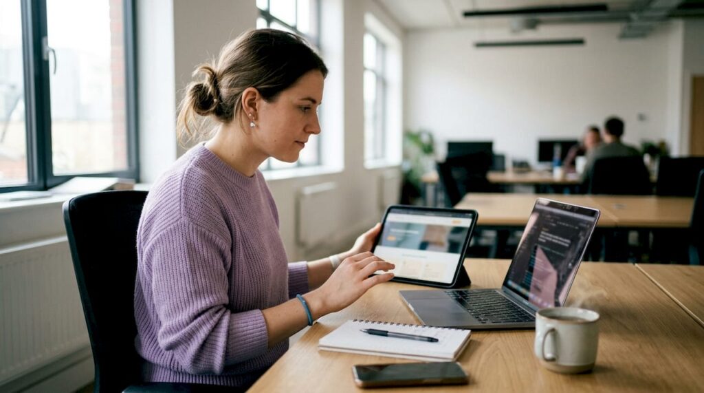 Ein Unternehmer überprüft das responsive Design seiner Website auf Tablet und Laptop.