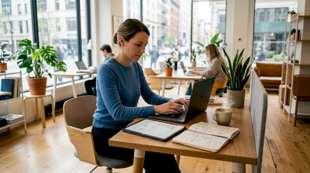 Eine Webdesignerin arbeitet konzentriert an ihrem Laptop im Homeoffice.