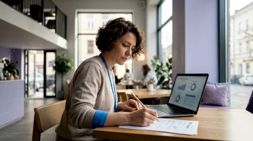 Ein Marketingexperte analysiert am Schreibtisch einen Bericht zur Rentabilität von Investitionen.