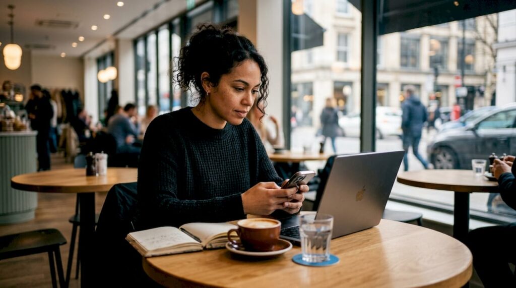 Eine Unternehmerin verfasst am Laptop eine digitale Empfehlung.