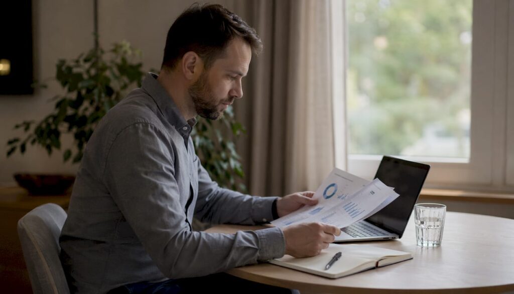Ein Mann sitzt am Schreibtisch und wertet die Conversion-Daten seiner Website aus.