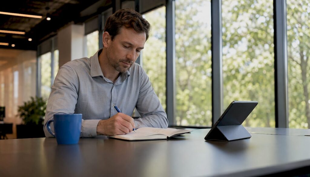 Ein Unternehmer sitzt am Schreibtisch, vertieft in seine Arbeit am Laptop und macht sich dabei Notizen.