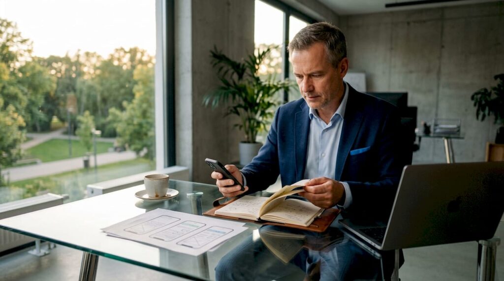 Ein Unternehmer plant seine PWA, indem er sein Smartphone und handschriftliche Notizen als Werkzeuge nutzt.