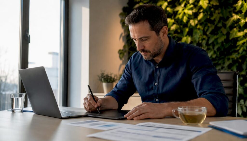 Ein Unternehmer überprüft im Büro die SEO-Strategie anhand einer Checkliste.