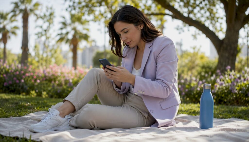 Eine Frau sitzt im Park und nutzt ihr Smartphone.