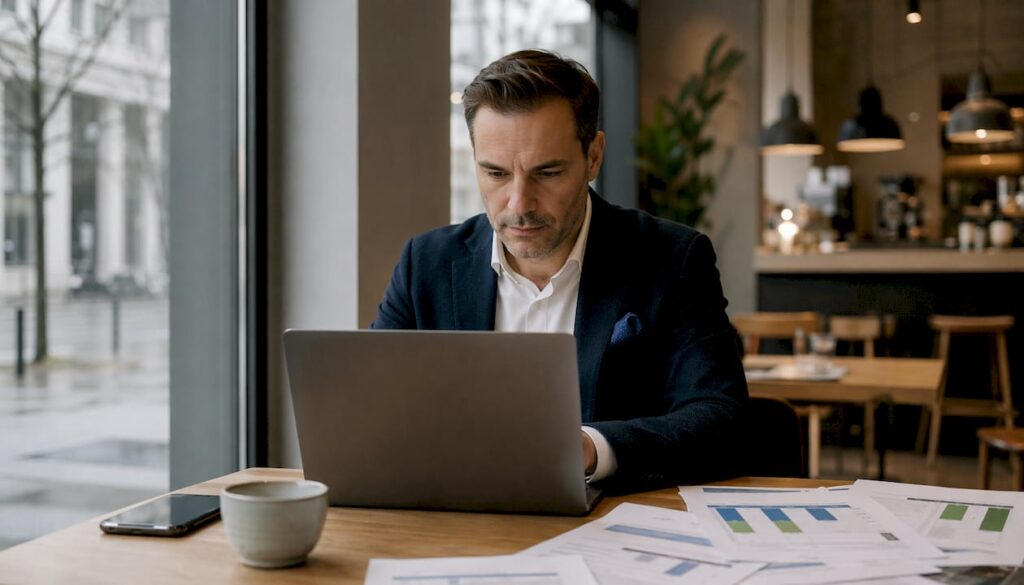 Ein Berater verschafft sich im modernen Büro einen Überblick über digitale Agenturlösungen.