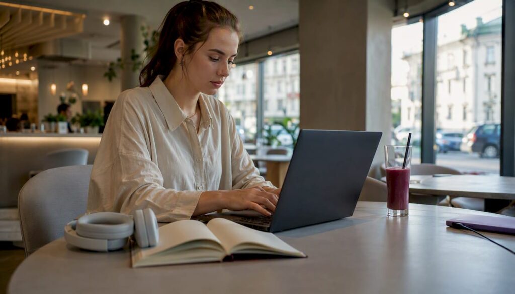 Hände richten am Laptop die Arbeitsumgebung für Künstliche Intelligenz ein.