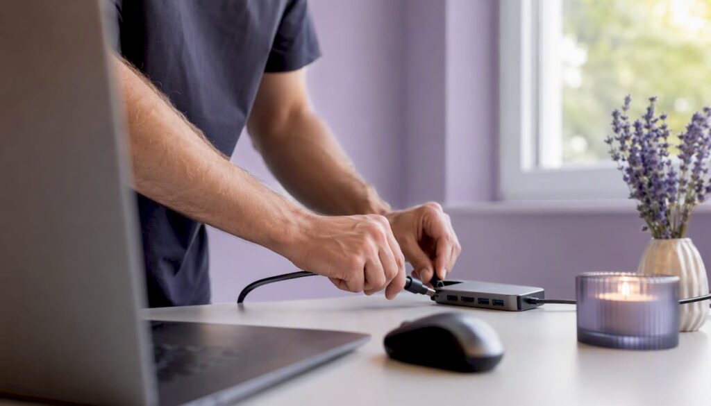Auf einem modernen Schreibtisch verbinden Hände verschiedene Kabel miteinander.
