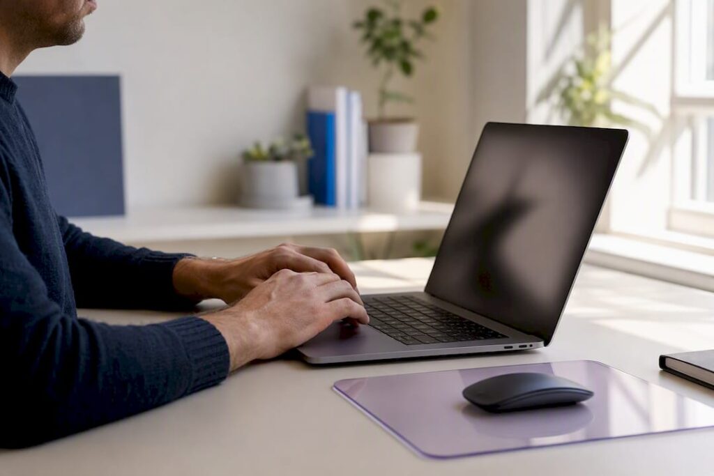Hände tippen auf einem Laptop und aktualisieren den Katalog