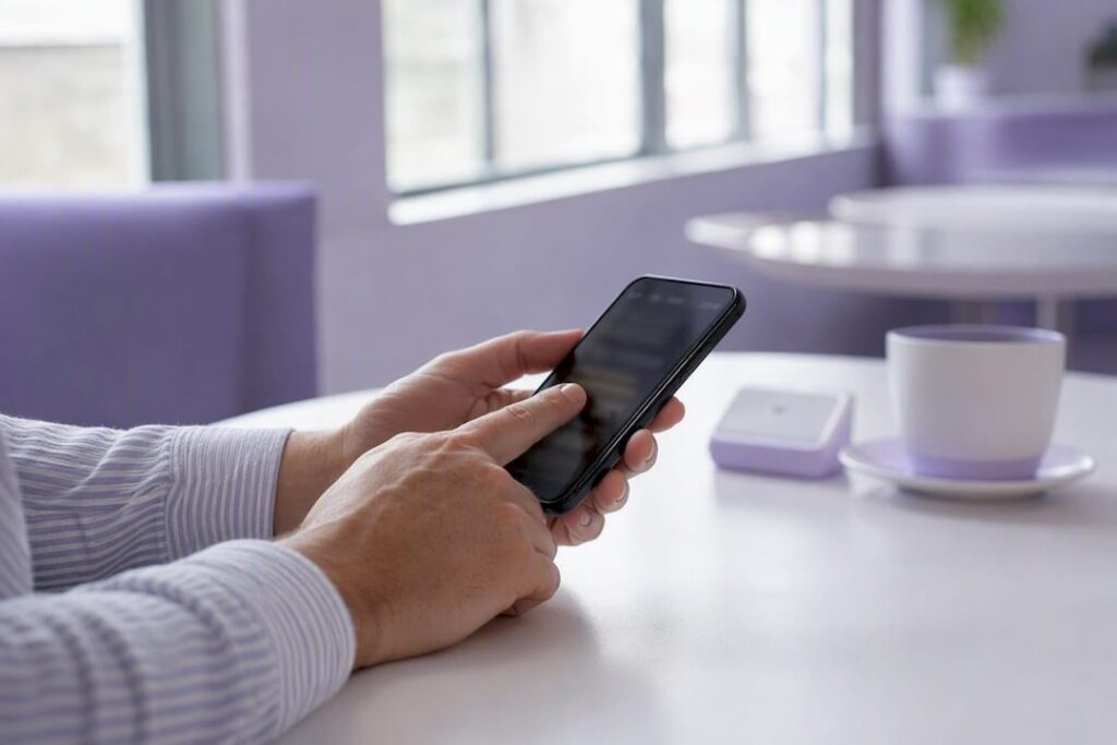Hände bedienen den Bezahlbildschirm auf dem Smartphone
